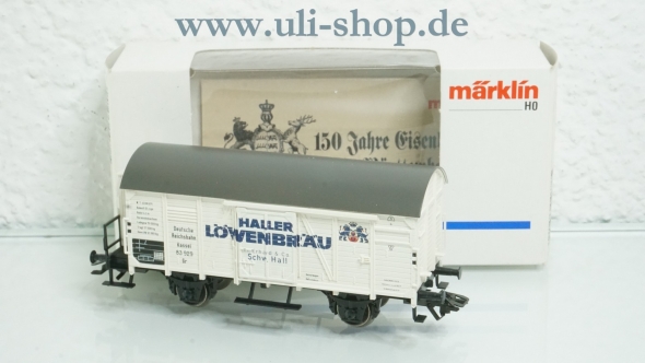 Märklin H0 4678 Güterwagen gedeckt mit Bremserhaus Haller Löwenbräu neuwertig Wechselstrom mit OVP