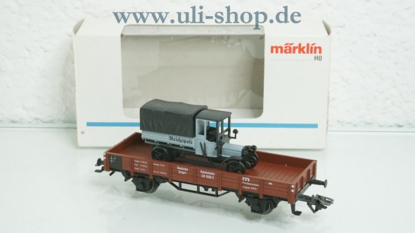 Märklin H0 84504 Güterwagen Niederbordwagen beladen mit Epoche 1 LKW neuwertig Wechselstrom mit OVP